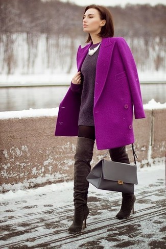 Women's Purple Coat, Dark Purple Oversized Sweater, Dark Brown Suede Over The Knee Boots, Grey Leather Satchel Bag