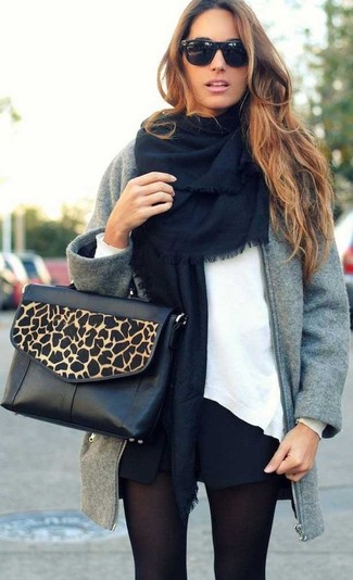 Women's Grey Coat, White Oversized Sweater, Black Wool Shorts, Tan Leopard Leather Satchel Bag