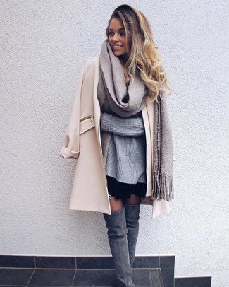 Grey Knit Oversized Sweater Outfits: Why not try pairing a grey knit oversized sweater with a black skater skirt? These two pieces are totally practical and will look amazing together. For a trendy hi-low mix, complement this outfit with a pair of grey suede over the knee boots.