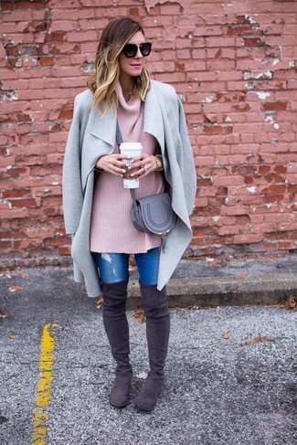 Grey Leather Crossbody Bag Outfits: If you're looking for an off-duty but also incredibly chic ensemble, team a grey coat with a grey leather crossbody bag. Take your look a dressier path by rocking a pair of charcoal suede over the knee boots.