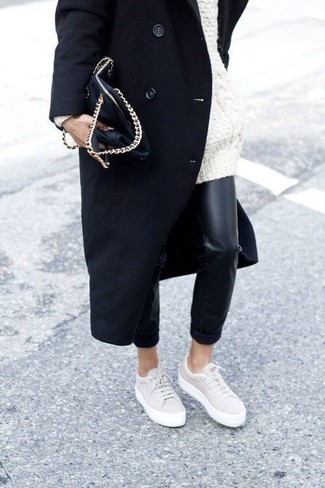 White Knit Oversized Sweater Outfits: For relaxed dressing with a modern twist, go for a white knit oversized sweater and black leather skinny pants. Complete this outfit with beige low top sneakers to effortlessly bump up the wow factor of this ensemble.