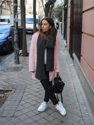 Women's Pink Coat, White Knit Oversized Sweater, Black Leather Skinny Pants, White Low Top Sneakers