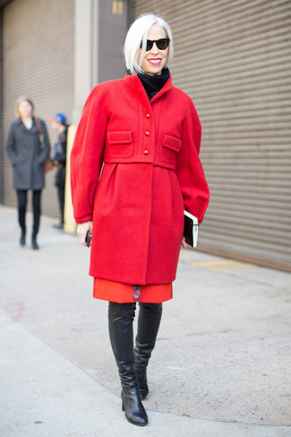 Linda Fargo wearing Red Coat, Red Sheath Dress, Black Leather Knee High Boots, Black Scarf