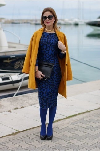 Black Leather Pumps Outfits: A mustard coat and a blue leopard sheath dress worn together are a total eye candy for those dressers who prefer classic and chic combos. For maximum style, complement this getup with a pair of black leather pumps.