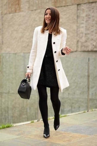 Black Sheath Dress Outfits: So as you can see, looking stylish doesn't take that much effort. Choose a black sheath dress and a beige coat and be sure you'll look great. When not sure as to what to wear on the footwear front, go with black leather pumps.