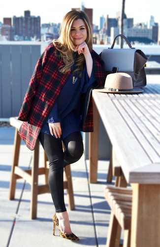 Black Leggings with Red and Navy Plaid Coat Outfits (2 ideas
