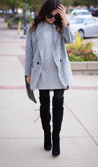 Women's Grey Coat, Grey Shift Dress, Black Suede Over The Knee Boots, Black Leather Clutch