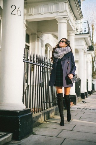 Show that you do classic and casual like a style pro in a black coat and a dark green plaid shift dress. Black suede over the knee boots tie the ensemble together.