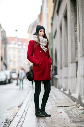 Beige Knit Scarf Outfits For Women: This combination of a red coat and a beige knit scarf has a easy-going and approachable kind of vibe. Let's make a bit more effort with footwear and complete your look with a pair of black leather ankle boots.