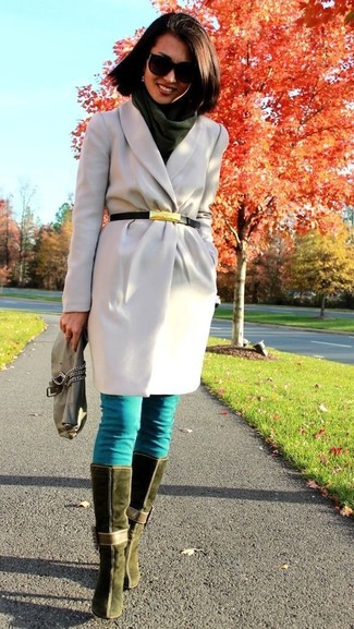 Olive Suede Knee High Boots Outfits: For a casual ensemble, try pairing a grey coat with aquamarine skinny jeans — these two pieces work nicely together. The whole getup comes together quite nicely when you add a pair of olive suede knee high boots to the equation.