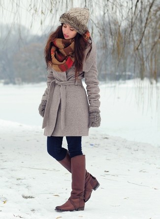 Women's Grey Coat, Navy Skinny Jeans, Burgundy Leather Knee High Boots, Grey Wool Gloves