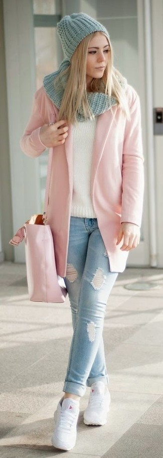 Women's Pink Coat, Light Blue Ripped Skinny Jeans, White Leather Low Top Sneakers, Pink Leather Tote Bag