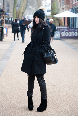Women's Black Coat, Black Leather Skinny Pants, Black Suede Ankle Boots, Black Leather Tote Bag