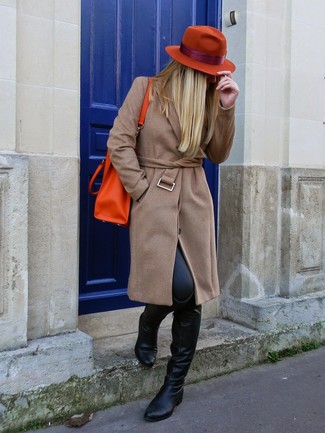 Women's Brown Coat, Black Leather Skinny Pants, Black Leather Over The Knee Boots, Orange Leather Tote Bag
