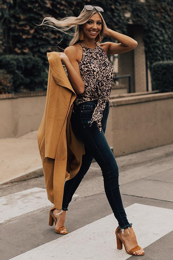 Women's Camel Coat, Tan Leopard Sleeveless Top, Navy Skinny