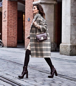 Burgundy Leather Ankle Boots Outfits: This relaxed casual pairing of a beige plaid coat and a beige sweater dress is super easy to pull together without a second thought, helping you look on-trend and ready for anything without spending a ton of time rummaging through your wardrobe. We adore how this whole ensemble comes together thanks to burgundy leather ankle boots.