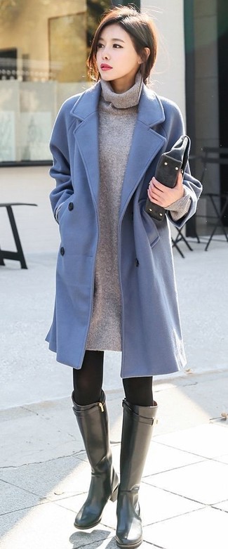 Women's Light Blue Coat, Grey Sweater Dress, Black Leather Knee High Boots, Charcoal Suede Clutch