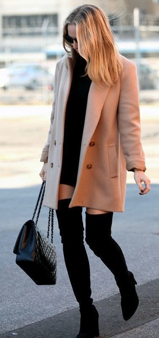 Camel Coat Outfits For Women: For an outfit that's extremely easy but can be modified in a multitude of different ways, marry a camel coat with a black sweater dress. Now all you need is a nice pair of black suede over the knee boots.