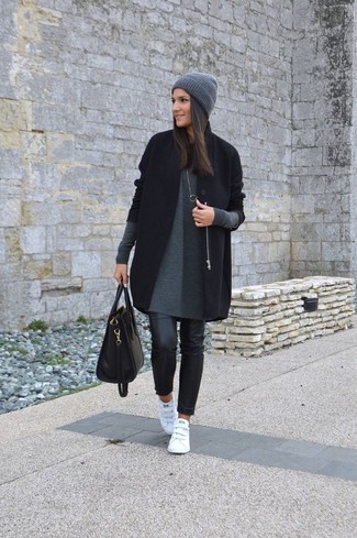 Women's Black Coat, Grey Sweater Dress, Black Leather Skinny Jeans, White Leather Low Top Sneakers