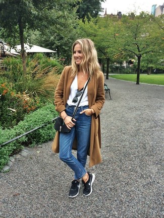 Women's Brown Coat, White Tank, Blue Jeans, Black and White Athletic Shoes