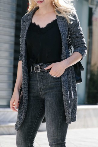 Charcoal Knit Coat Outfits For Women: This pairing of a charcoal knit coat and charcoal skinny jeans epitomizes casual cool and stylish comfort.