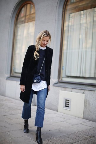 Blue Flare Jeans Outfits: Why not consider pairing a black coat with blue flare jeans? These items are very comfortable and look incredible when married together. The whole outfit comes together if you complement this ensemble with black leather ankle boots.