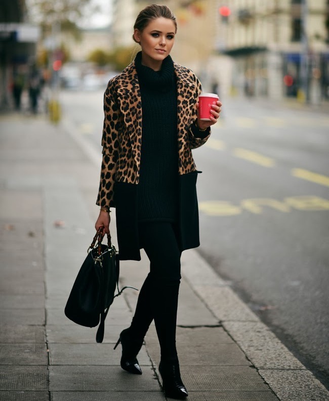 Women's Camel Leopard Coat, Black Knit Tunic, Black Leggings, Black Leather  Ankle Boots