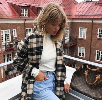 Double Breasted Wool Blend Coat Tan Plaid Tm