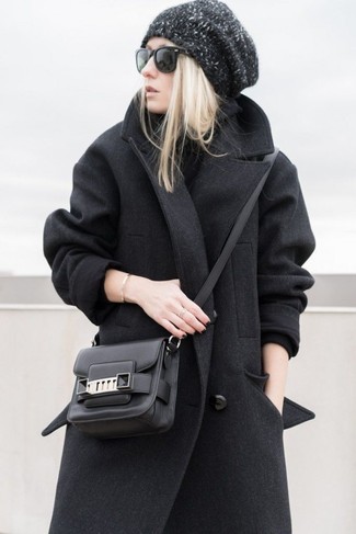 Women's Charcoal Coat, Black Turtleneck, Black Leather Crossbody Bag, Charcoal Beanie