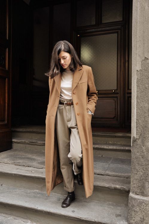 Women's Camel Coat, Beige Turtleneck, Beige Dress Pants, Dark Brown Leather  Chelsea Boots | Lookastic