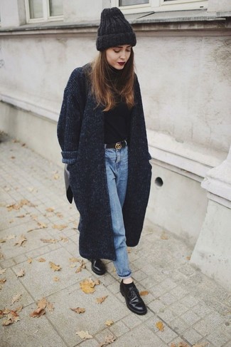 Charcoal Knit Coat Outfits For Women: A charcoal knit coat and light blue jeans are a great pairing to take you throughout the day. A cool pair of black leather derby shoes is an effortless way to inject a dose of casualness into this ensemble.