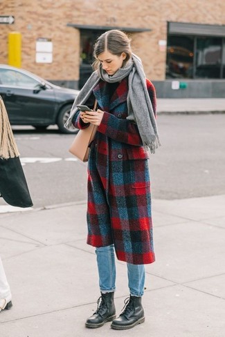 Lace-up Flat Boots Outfits For Women: If you're on the hunt for an off-duty and at the same time stylish getup, pair a red and navy plaid coat with light blue jeans. Rounding off with lace-up flat boots is a fail-safe way to inject a sense of playfulness into this outfit.
