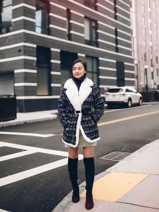 500+ Smart Casual Outfits For Women: Marrying a charcoal tweed coat with a beige mini skirt is a smart choice for a relaxed casual but totaly chic ensemble. The whole getup comes together when you add a pair of black suede over the knee boots to the mix.