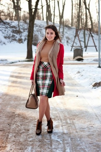 Women's Red Coat, Tan Turtleneck, White and Red Plaid Pencil Skirt, Brown Suede Lace-up Ankle Boots