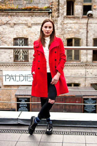 Women's Red Coat, White Turtleneck, Black Ripped Skinny Jeans, Black Chunky Leather Oxford Shoes