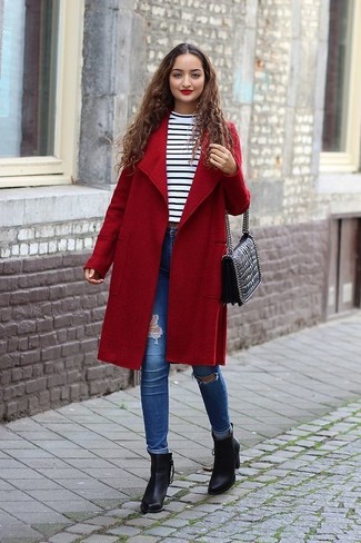 Women's Red Coat, White and Black Horizontal Striped Turtleneck, Blue Ripped Skinny Jeans, Black Leather Ankle Boots