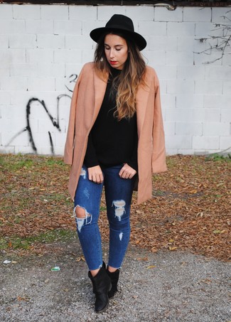Women's Camel Coat, Black Turtleneck, Navy Ripped Skinny Jeans, Black Leather Ankle Boots
