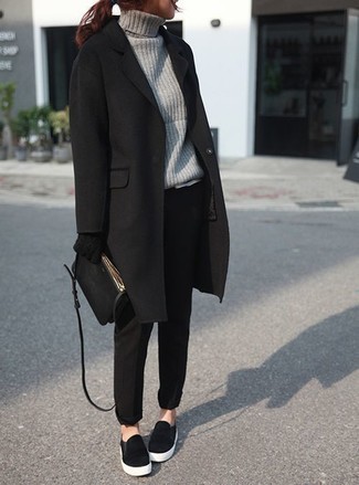Women's Black Coat, Grey Knit Turtleneck, Black Tapered Pants, Black Slip-on Sneakers