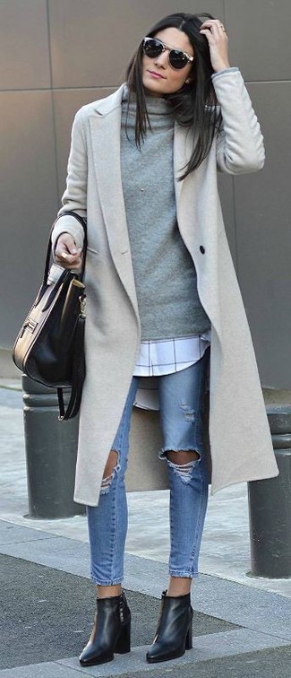 Women's Grey Coat, Grey Turtleneck, White and Black Check Tunic, Light Blue Ripped Skinny Jeans