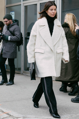 Women's White Boucle Coat, Black Turtleneck, Black Wide Leg Pants, Black Leather Ankle Boots