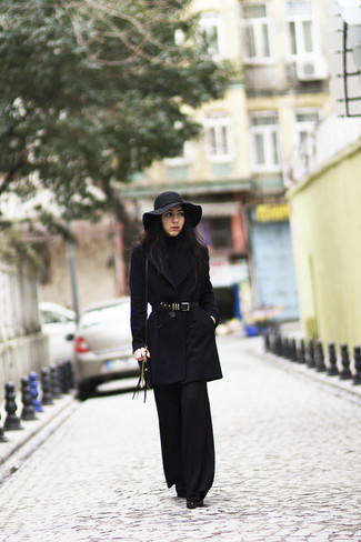 Women's Black Coat, Black Turtleneck, Black Wide Leg Pants, Black Leather Ankle Boots