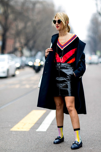 Women's Navy Coat, Black Chevron V-neck Sweater, Black Leather Mini Skirt, Black Leather Loafers