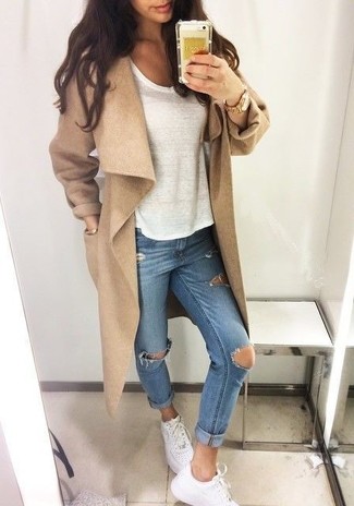 Gold Watch Outfits For Women: Go for a beige coat and a gold watch for a look that's both stylish and comfy. White low top sneakers are a wonderful option to complement this outfit.