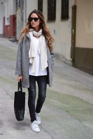 White Scarf Outfits For Women: A grey coat and a white scarf are essential in a great off-duty sartorial collection. If you're hesitant about how to round off, throw in white leather low top sneakers.