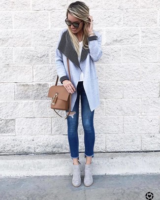 Women's Light Blue Coat, White V-neck T-shirt, Blue Ripped Skinny Jeans, Grey Suede Ankle Boots