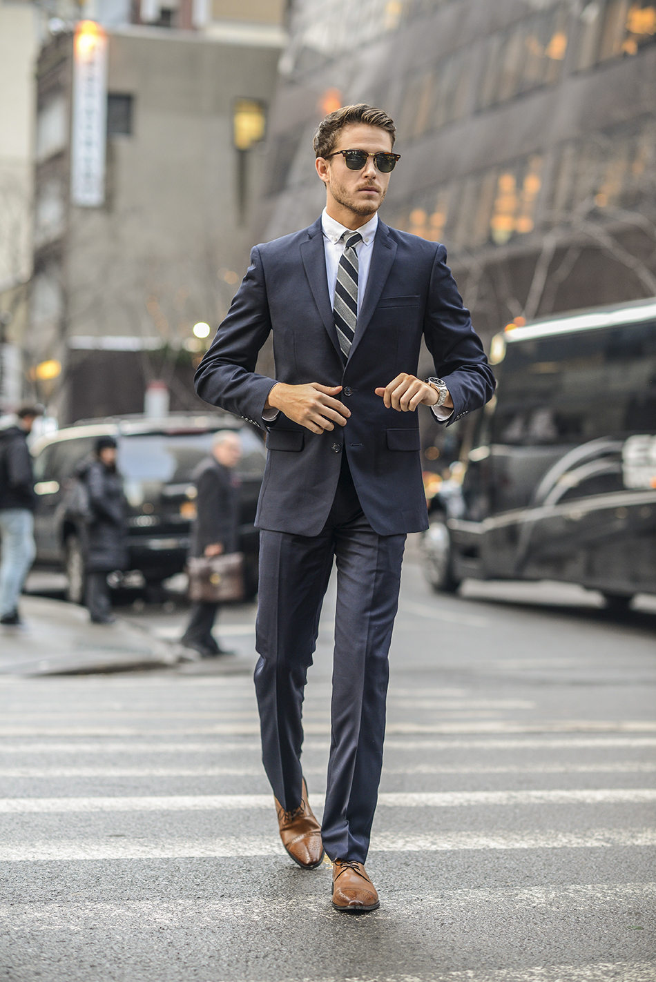 Men's Charcoal Suit, White Dress Shirt, Brown Leather Derby Shoes, Grey  Vertical Striped Tie | Lookastic