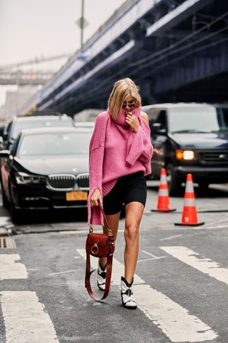 Hot Pink Knit Turtleneck Outfits For Women: 