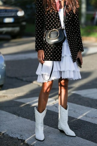 Women's Black Leather Crossbody Bag, White Leather Cowboy Boots, White Ruffle Fit and Flare Dress, Black and White Print Blazer