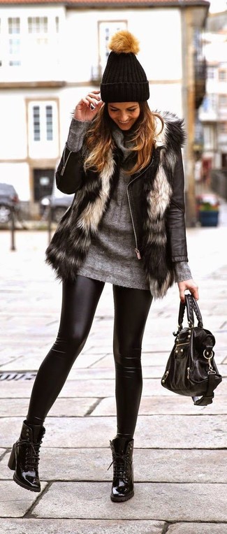 Women's Black Leather Leggings, Grey Cowl-neck Sweater, Black Leather Biker Jacket, Grey Fur Vest