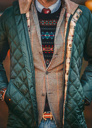 Dark Green Quilted Bomber Jacket Outfits For Men: 